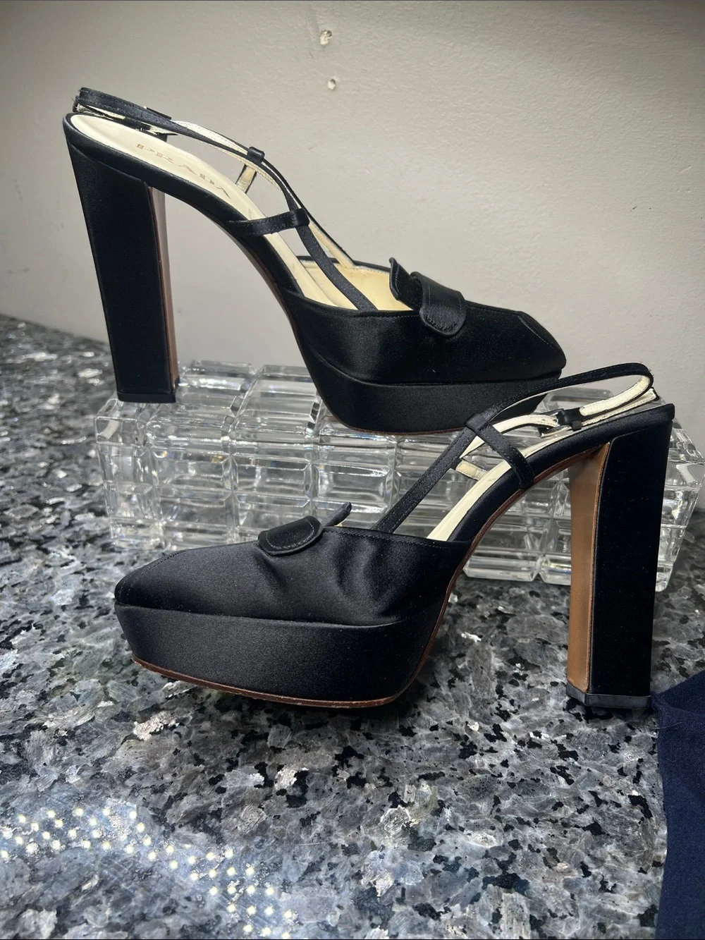 Prada Sz 38 Black Silk 4.5” Wrapped Block Heel Square Toe Heels Shoes